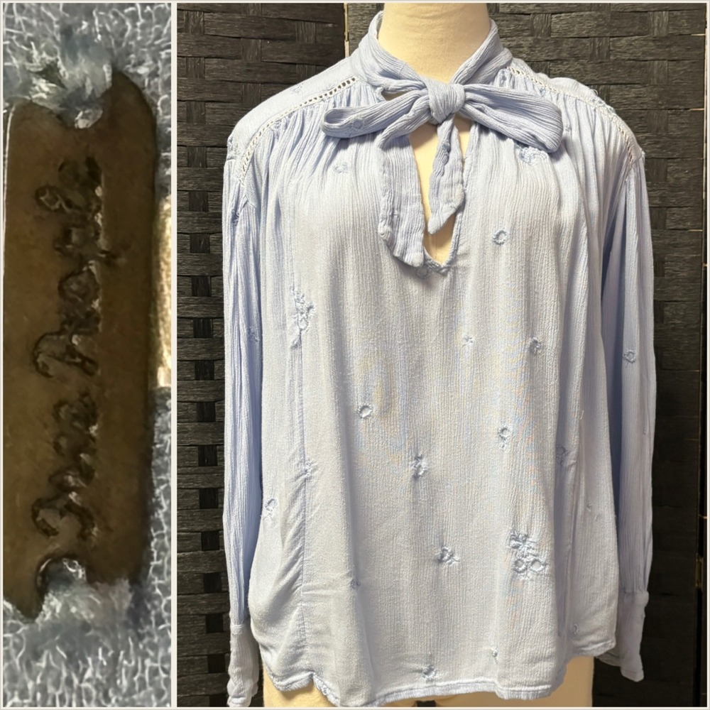 Free People XS/TP Light Blue Embroidered Gauze Tie Neck Peasant Blouse Shirt